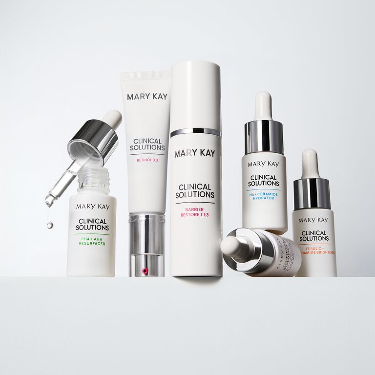 Mary Kay Clinical Solutions skincare products including Retinol 0.3 and Barrier Restore.